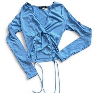 Fashion Nova Women's Fitted Ribbed Knit Crop Blue Top Long Sleeve Size Small